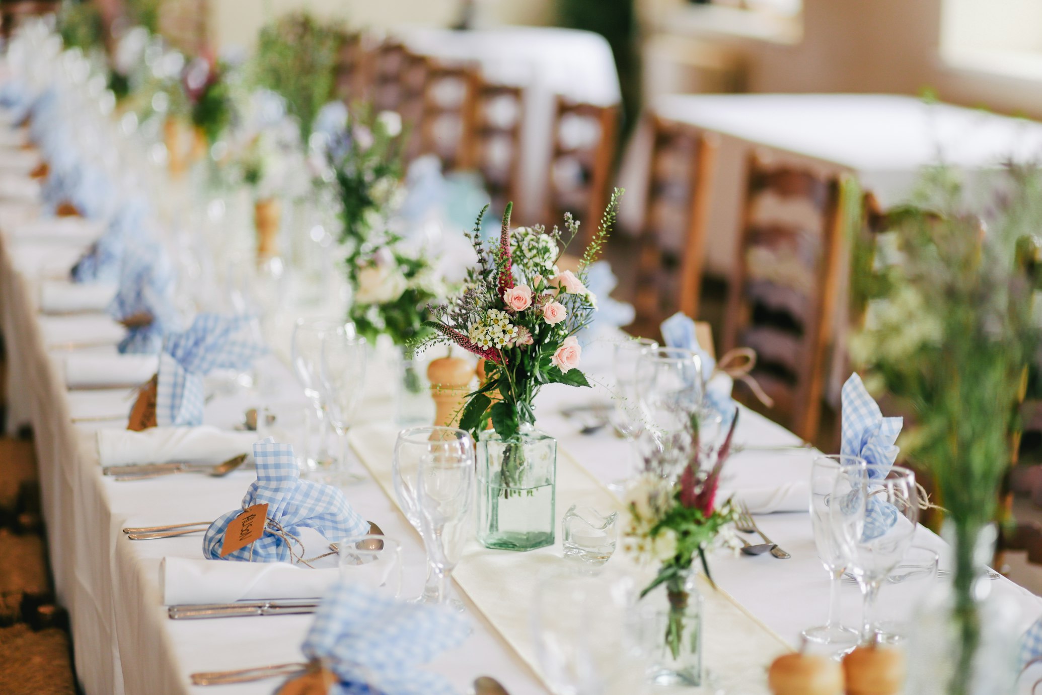 Wedding reception with beautiful table settings